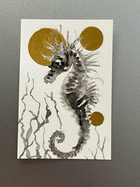 ORIGINAL seahorse seascape painting ocean art miniature realism sumo-e artwork